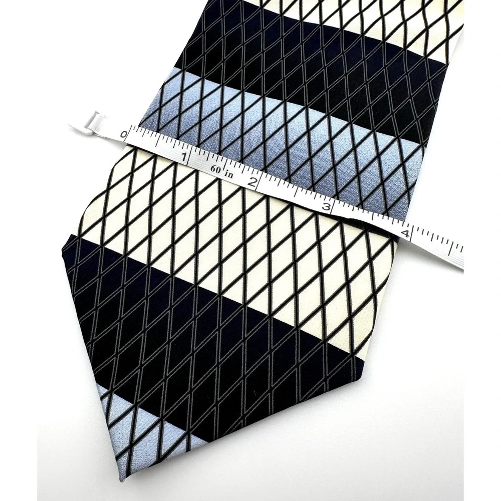 BERGAMO Pure Silk Tie‎ Wide Striped Black & Steel Blue Geometric Vintage